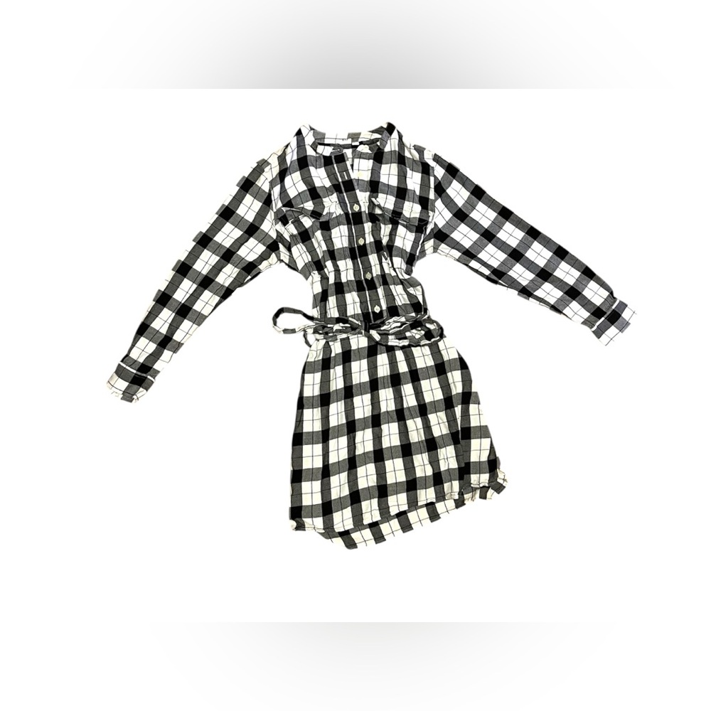 GAP Black & White Gingham Flannel Shirt Dress Large Belted EUC